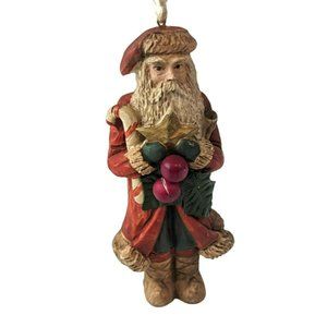 Vintage Folk Art Santa Claus Holding Mistletoe Candy Cane Resin Christmas Orname